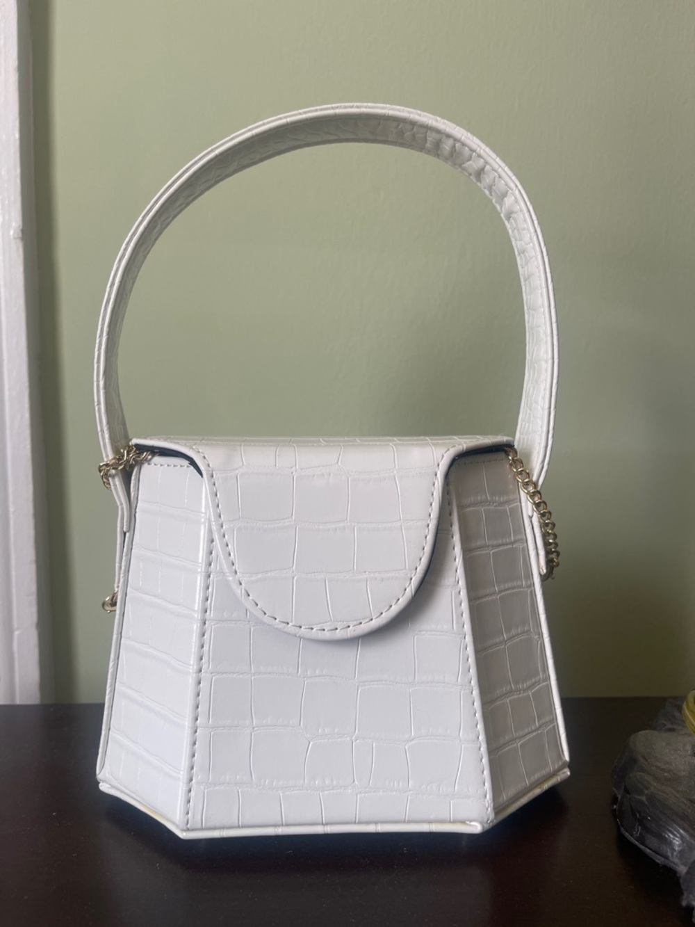 White Croc-Embossed Top-Handle Bag